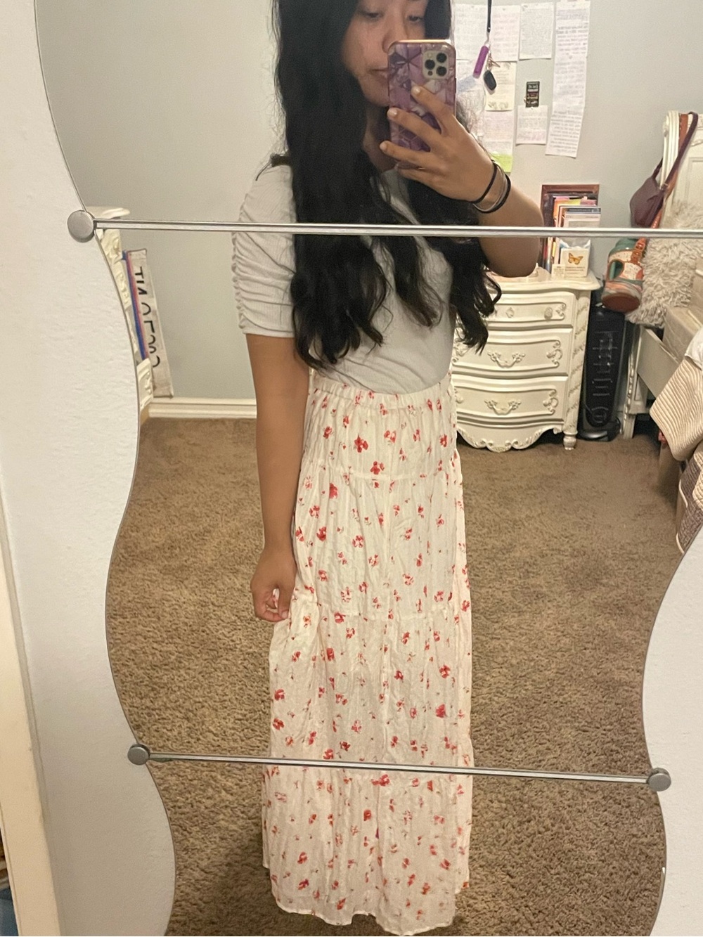 Floral White Maxi Skirt with Red Accent